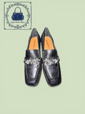 Donald J. Pliner Black Leather Loafers with Silver Chain Accent